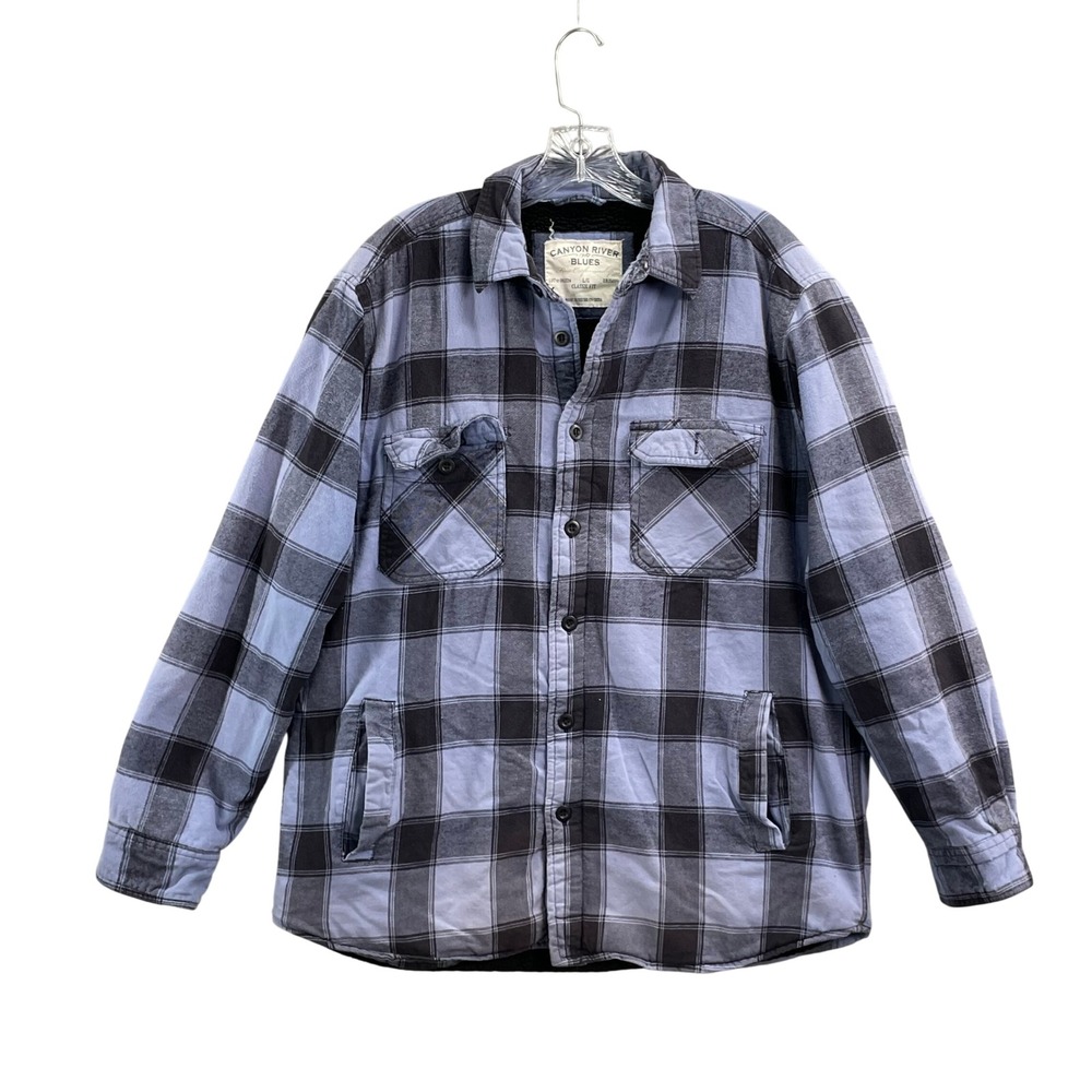 Canyon River Blues Flannel Jacket Mens Large Blue Sherpa Lined Plaid Shacket